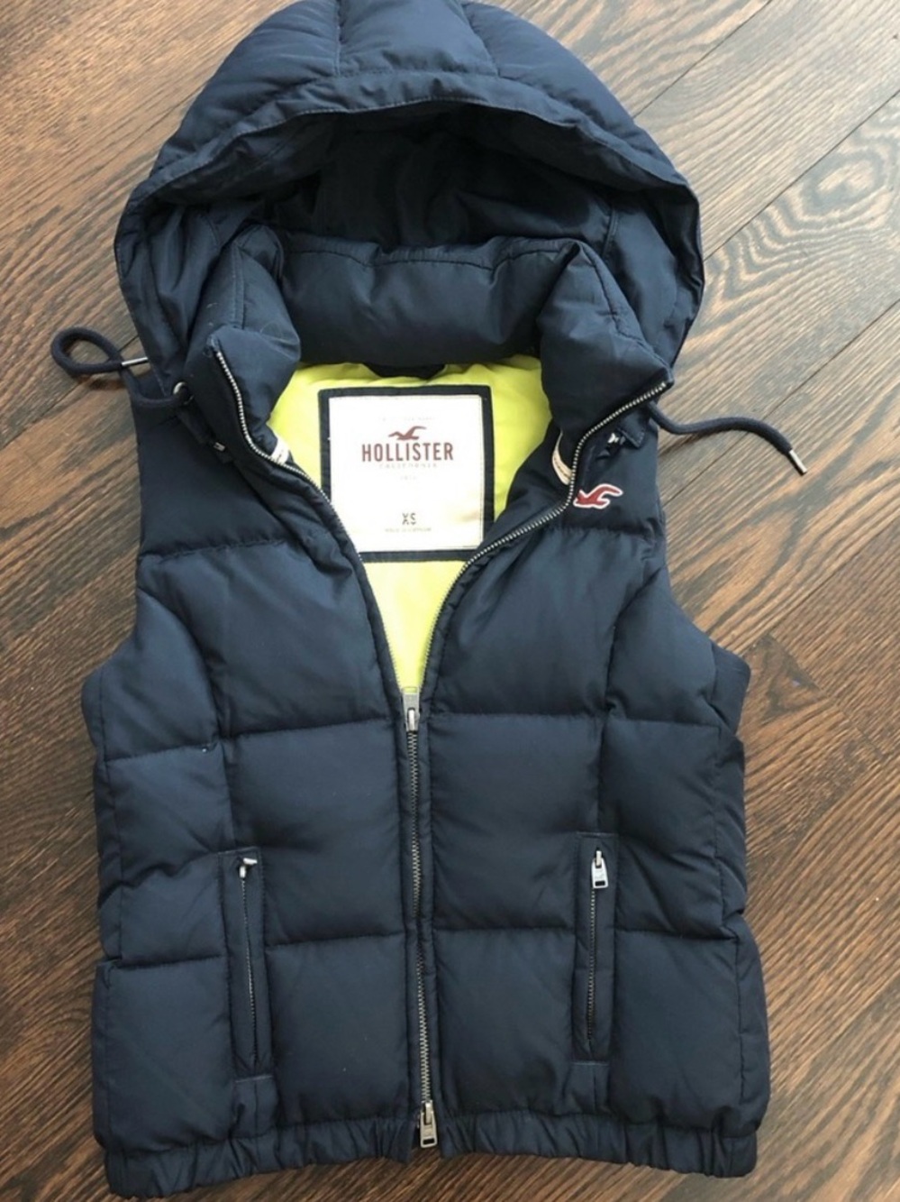 Vintage Y2K Hollister Navy Puffer Vest with Removable Hood and Lime Green Lining